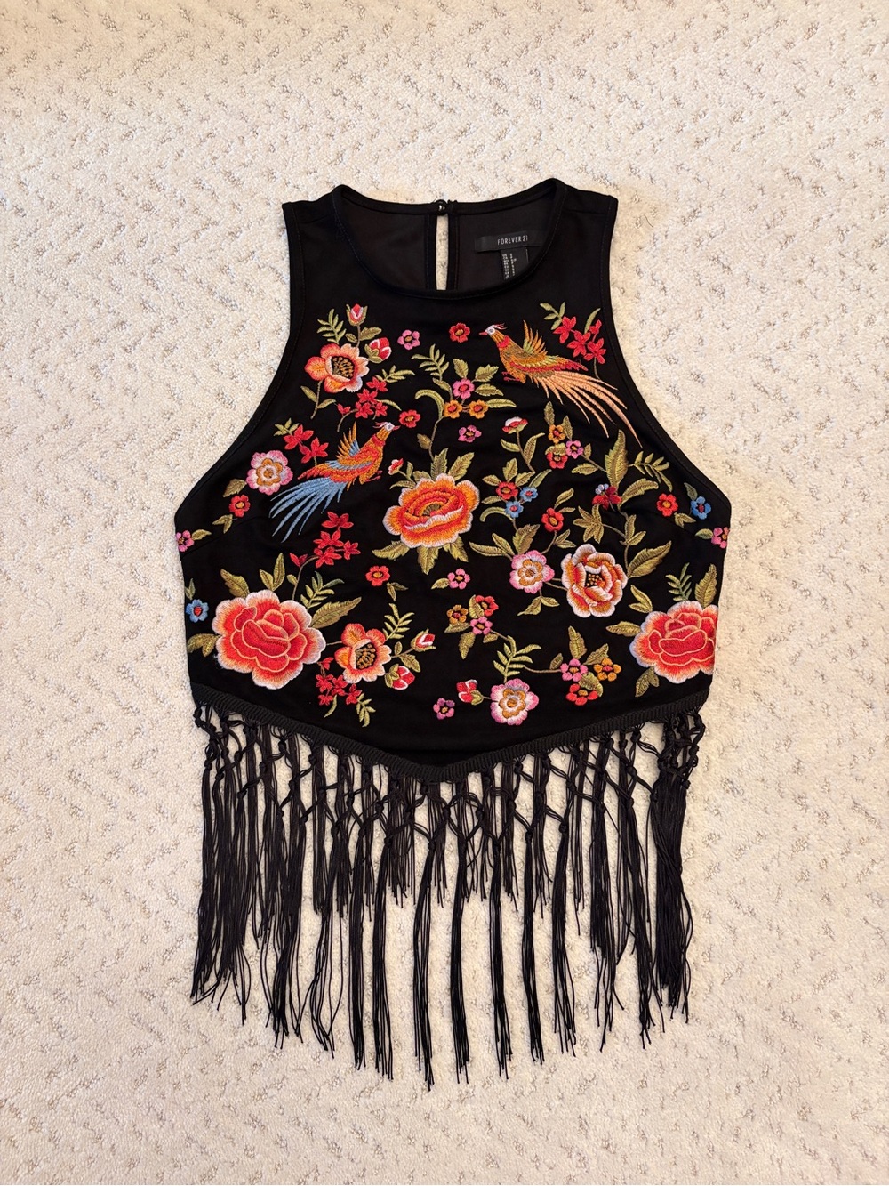 Forever 21 Black Embroidered Fringe Halter Crop Top Size S Floral Pheasants Boho